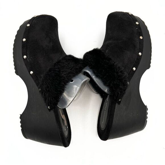 American Eagle Sz 10M Black Faux Suede Fur Trim Wedge Heel Clogs Slip On Shoes - Picture 8 of 9